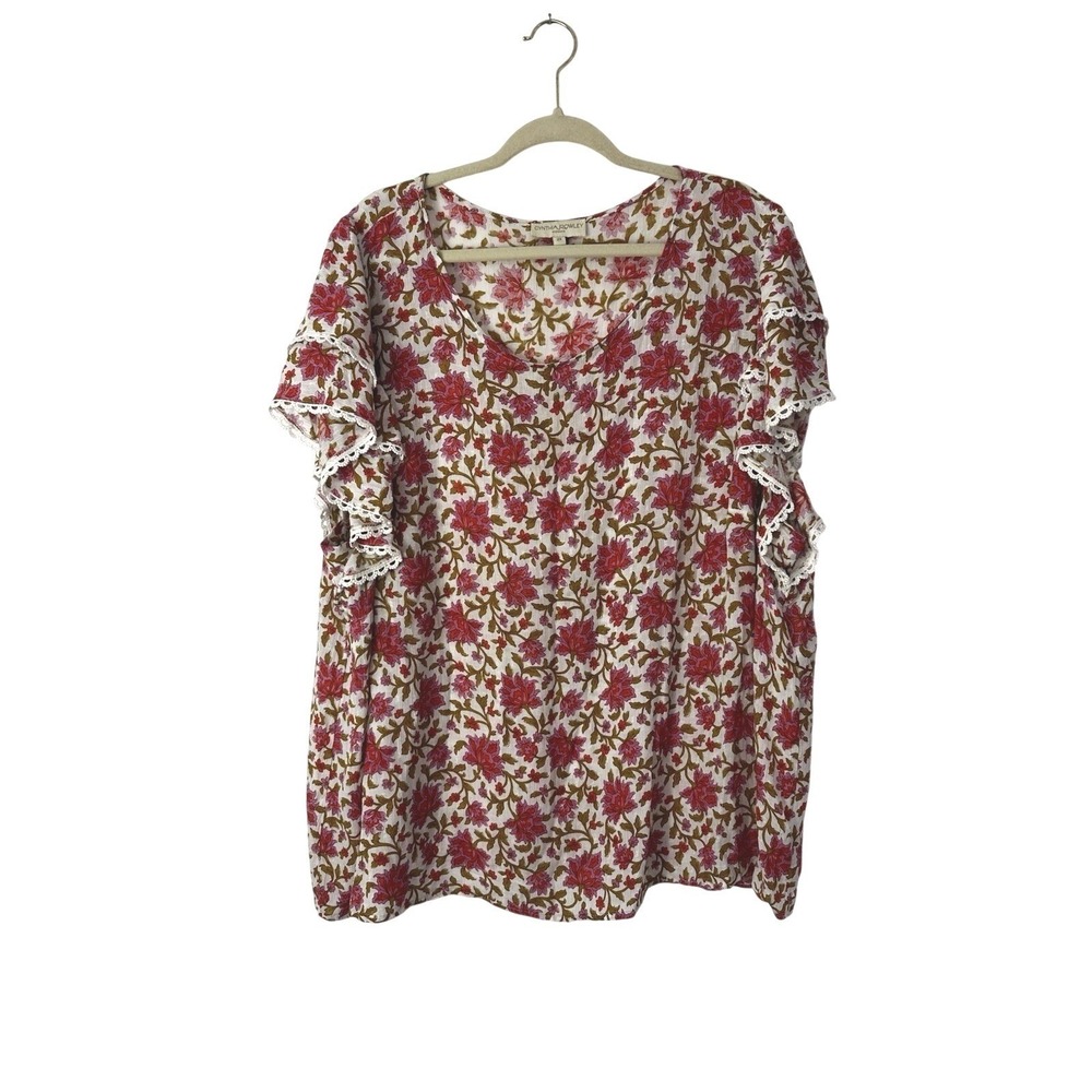 Cynthia Rowley Top‎ Womens 2X Boho Floral Flutter Layered Sleeve Crochet Trim